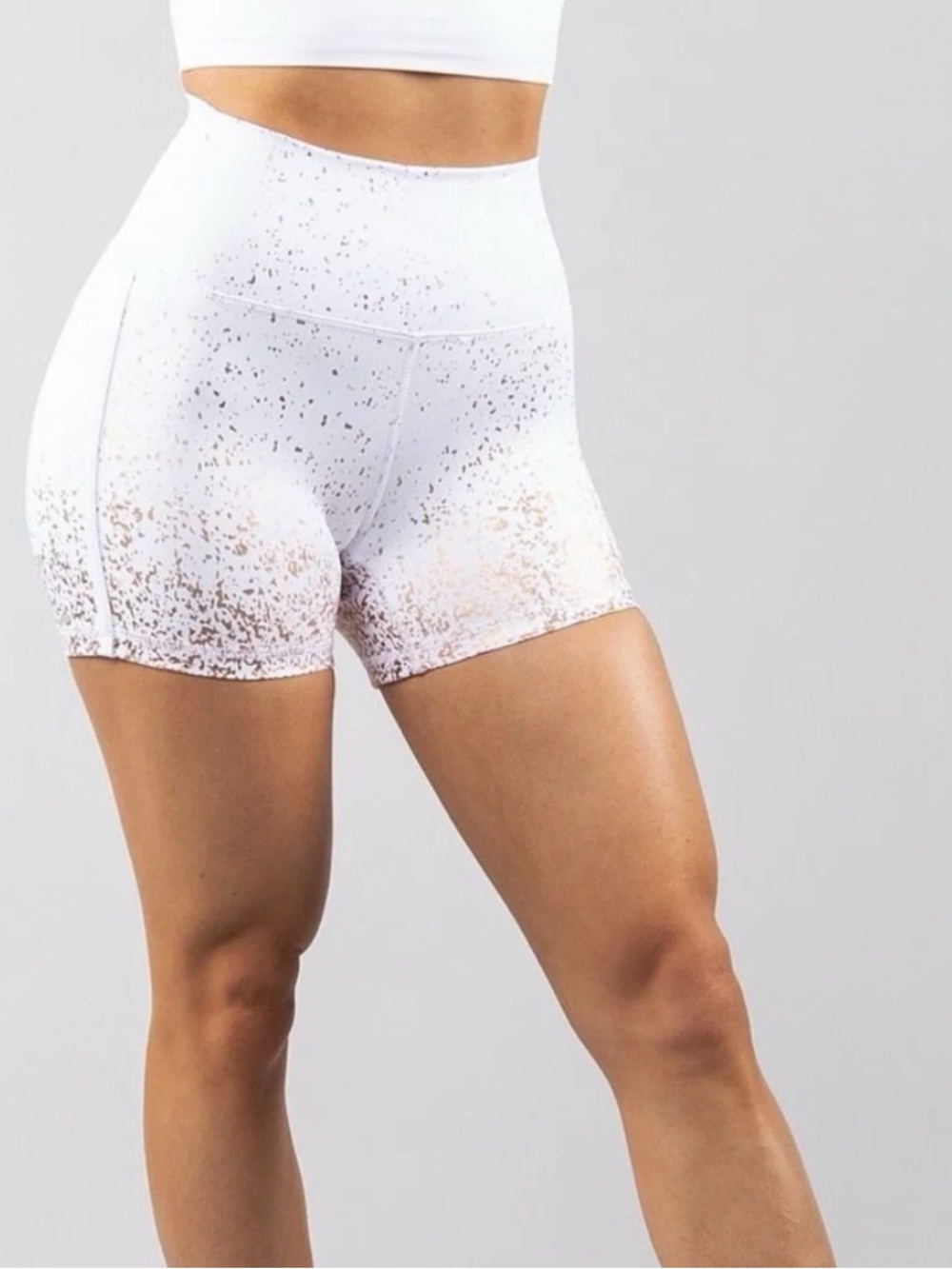 BuffBunny White High-Waist Speckled Bike Shorts with Gold Fleck